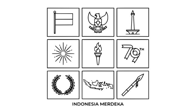 Indonesia National Symbols Icons Set: Flag, Garuda, Monas, Torch, Independence