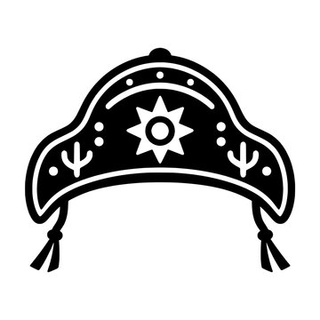 Black and white vector of traditional Brazilian Cangaceiro leather hat, cordel folk art style with star motifs, isolated on white background.