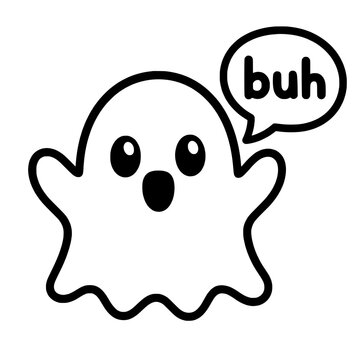 Cute minimalist black and white vector ghost illustration with speech bubble saying buh, isolated on white background for Halloween.