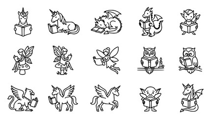 Fantasy Creatures Reading Books: Unicorns, Dragons, Fairies, Owl, Griffin, Goblin - Line Art Collection