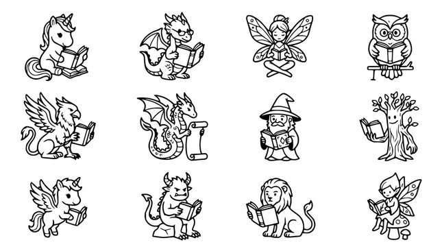 Fantasy Creatures Reading Books - Unicorn, Dragon, Fairy, Wizard, Griffin, Owl, Tree, Lion