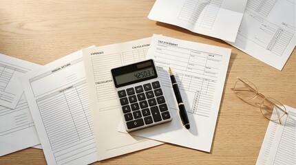 Obraz premium Calculator, pen, and tax documents on a wooden office desk for finance