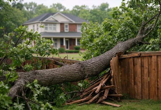 Large fallen tree crushed a wooden backyard fence after a severe storm, illustrating residential property damage, insurance claims, emergency cleanup, hazardous weather impacts, repair.