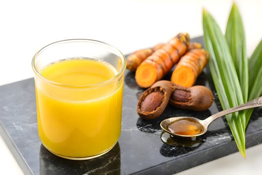 fresh turmeric tamarind juice jamu kunyit asam in glass with raw ingredients on black marble board.