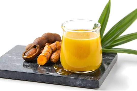 fresh turmeric tamarind juice jamu kunyit asam in glass with raw ingredients on black marble board.