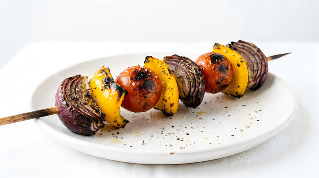 Grilled vegetable skewer with onion and peppers on a white plate vegetable barbecue vegetarian culinary