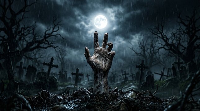 A decayed zombie hand emerges from the muddy earth beneath a full moon in a desolate graveyard