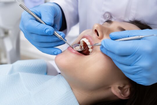 Dentist performing a dental check-up on a patient's open mouth in a bright clinic