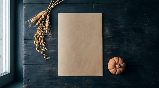 Blank kraft paper folder mockup on dark spooky wood background for Halloween

