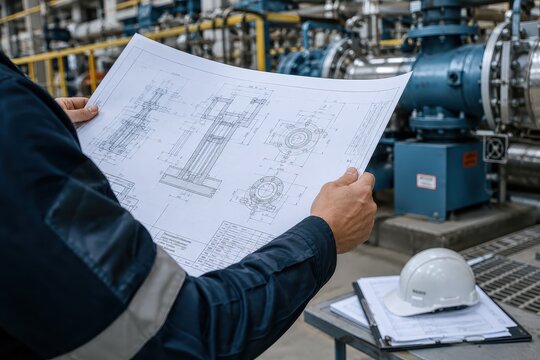 Engineer reviewing blueprint in industrial facility