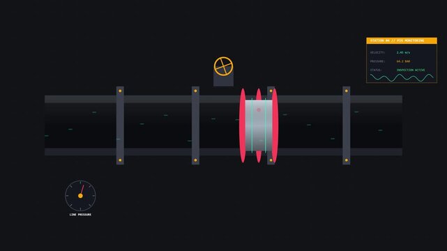 Industrial Monitoring Interface Showing Pipeline Pigging Process with Real Time Pressure and Velocity Data Telemetry