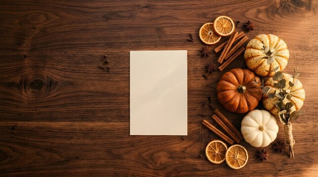 Blank white paper card template on dark wood background with autumn decorations
