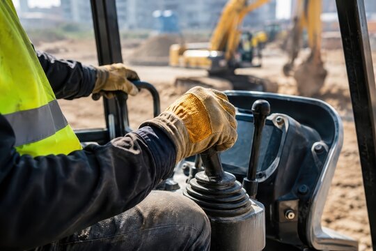 Construction worker operating excavator on a busy construction site