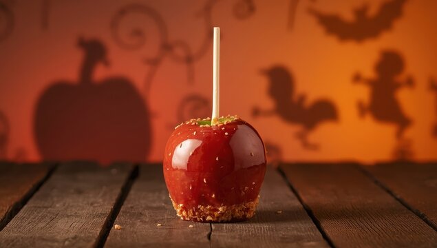 Homemade taffy apple on a backdrop.