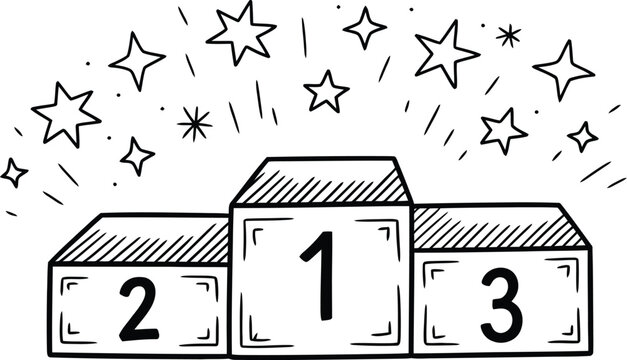 Winner podium hand drawn doodle featuring shiny first, second, and third place numbers, championship award platform, competition achievement, and victory celebration, vector, designs