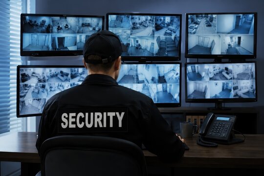 Security guard watching multiple surveillance monitors in a control room