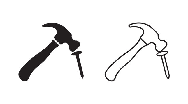 hammer striking nail black silhouette outline art vector icon black silhouette black silhouette and outline art vector icon