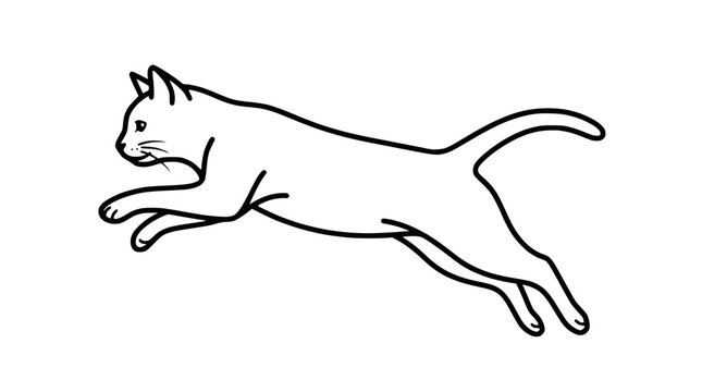 Agile cat in mid-air jump, line art illustration, simple black and white drawing