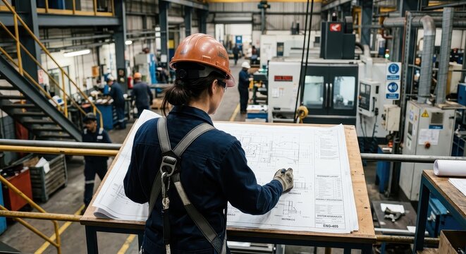 Female engineer wearing hard hat and safety harness reviewing blueprints in a modern factory