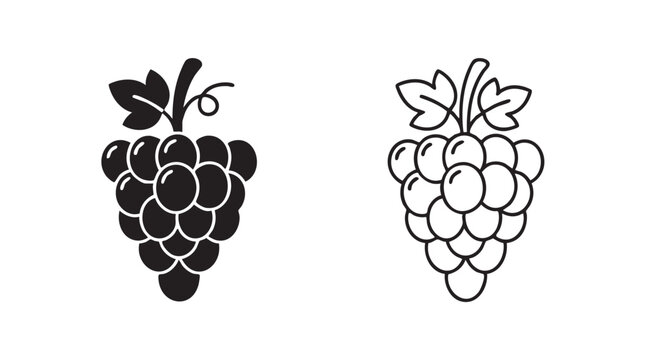 grapes black silhouette and outline art vector icon featuring fruit, cluster, vine