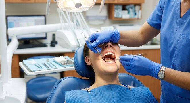Dentist examining patient's teeth in a modern dental clinic