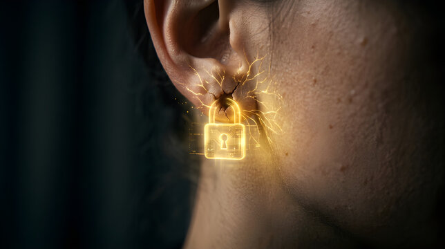 Macro surreal photo of a glowing digital padlock integrated into a human earlobe like a piercing.