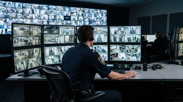 Security guard monitoring surveillance cameras in a modern control room