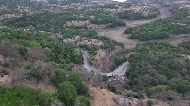 Aerial over forest trails at dawn near Bhandardara Maharashtra India