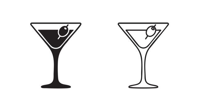 martini glass with olive black silhouette outline art vector icon black silhouette black silhouette and outline art vector icon