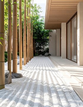 Modern Zen Garden Walkway with Bamboo Trees and Raked Gravel Path in Sunlight