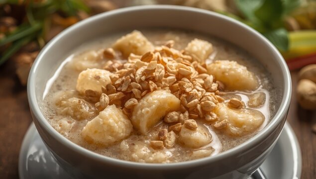 Che Chuoi is a Vietnamese dessert made with banana tapioca in coconut milk and garnished with peanuts.