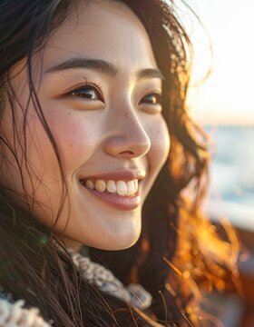 Smiling young woman looking away outdoors in the golden hour sunlight