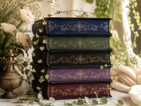 Pila de libros de fantas&iacute;a rom&aacute;ntica, decorados con plantas.