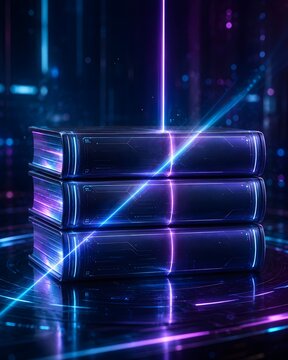 Pila de libros cl&aacute;sicos iluminados por luces de ne&oacute;n, mezcla de libro antiguo con tecnolog&iacute;a.