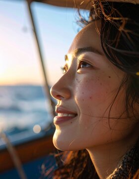 Young woman looking at the ocean horizon during a golden hour boat trip