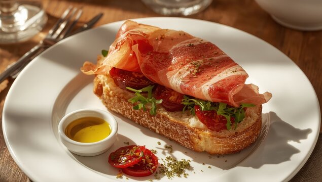 Morning meal featuring an open sandwich with prosciutto or jamon on a white plate, Mediterranean starter.