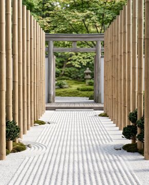 Walking through a bamboo corridor in a peaceful Japanese zen garden setting
