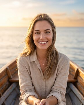 Smiling woman sitting in a wooden boat on the ocean during a golden sunset