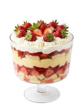 A delicious strawberry trifle dessert, layered with cake, cream, and fresh strawberries, presented in a clear glass bowl on a white background.