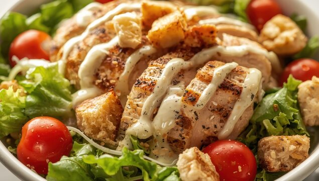 Close-up of a traditional Italian dish featuring Caesar salad with chicken, cherry tomatoes, and croutons.