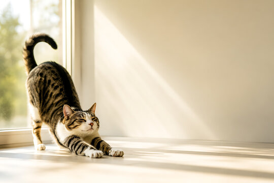 Tabby Cat Stretching on Sunlit Floor Near Window