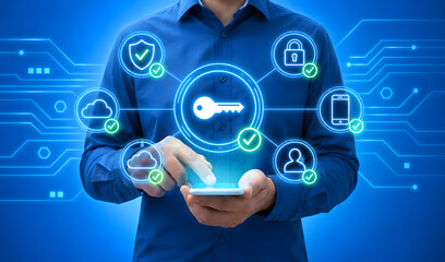 Fototapeta premium Pacific cyber data protection concept, digital security shield, ocean-inspired modern tech illustration.