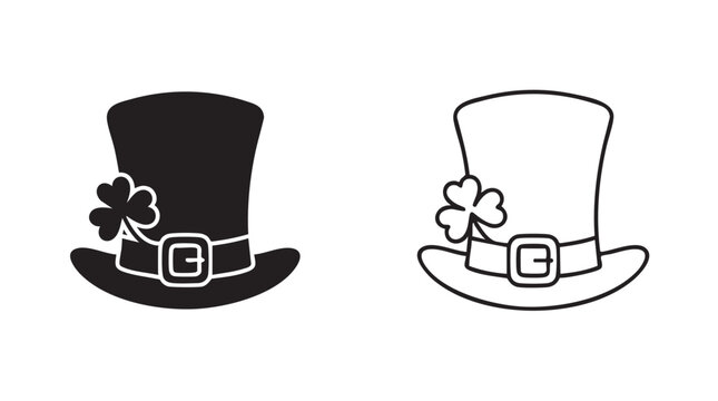 black silhouette leprechaun hat with shamrock outline art vector icon black silhouette black silhouette and outline art vector icon