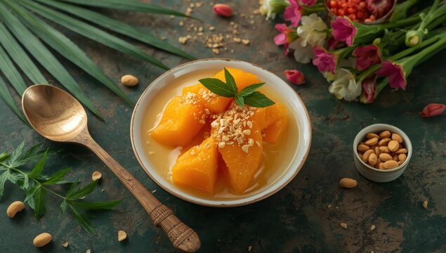 Coconut milk pumpkin stew, a sweet dessert from Indonesia and Thailand, served for Ramadan Iftar.