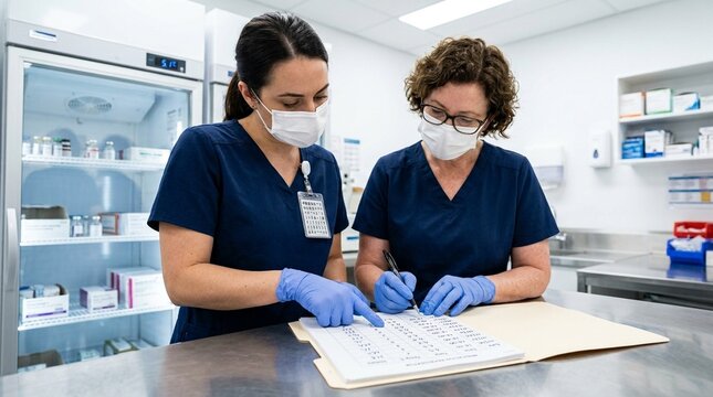 Two compliance officers cross-checking a medication storage temperature log in healthcare setting