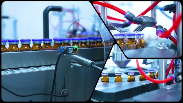 vials in a factory of powder injections. powder drug filling glass vials rotating for packaging in an injection production line in a pharmaceutical manufacturing company medicine making process