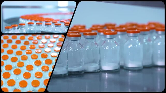 vials in a factory of powder injections. powder drug filling glass vials rotating for packaging in an injection production line in a pharmaceutical manufacturing company medicine making process