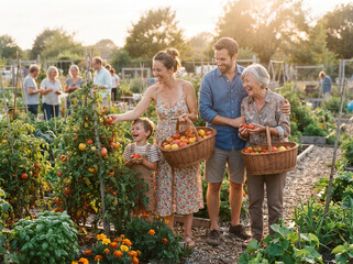 Obraz premium Happy family picking fresh organic fruits together in a sunny summer agricultural orchard