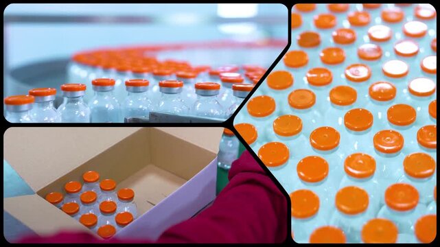 vials in a factory of powder injections. powder drug filling glass vials rotating for packaging in an injection production line in a pharmaceutical manufacturing company medicine making process