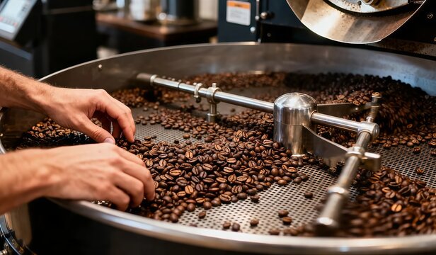 Photorealistic first-person view of a coffee roaster sorting freshly roasted coffee beans with both hands.